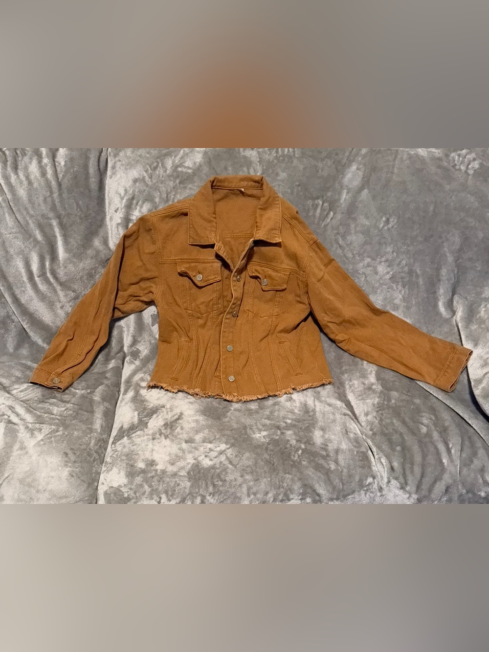 Women’s Camel Brown size Medium Distressed Denim Jacket Raw Hem